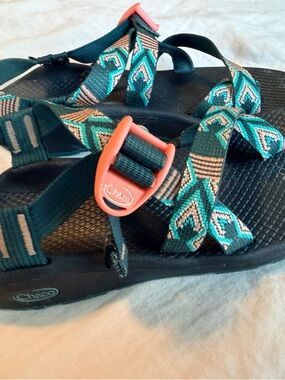 Women’s Chaco Teal and Coral Patterned Sandals